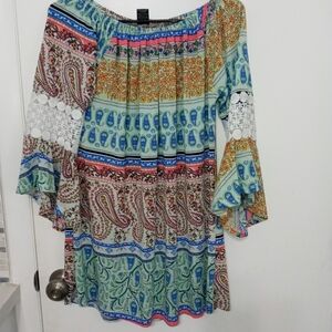 Win Win Paisley and Floral Multicolor Patchwork Blouse w Embroidered Bell Sleeve